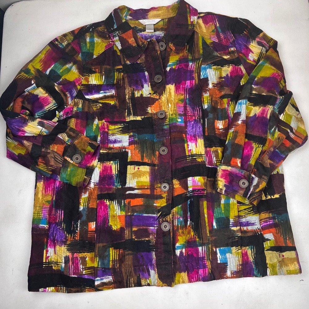 Abstract Brushstroke Button Up Cotton Jacket Purple CJ Banks Women 2X Shacket